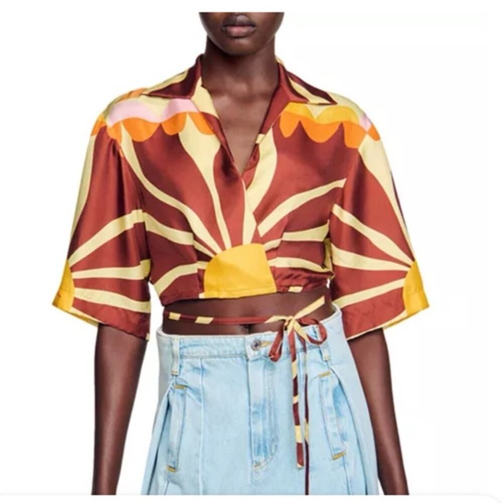 SANDRO x Louis Barthlemy Assia 100% Silk Cropped Wrap Short Sleeve Top Size 0